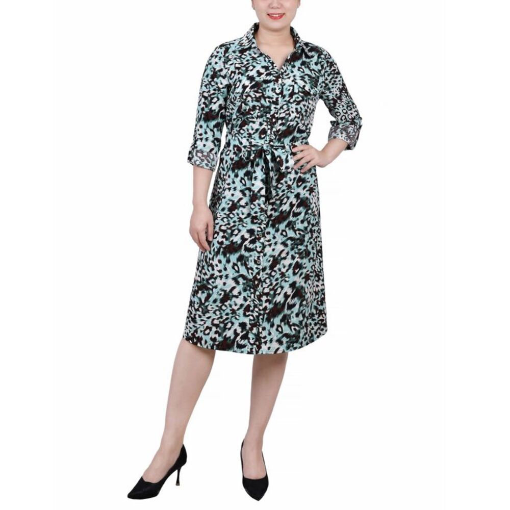 NY Collection Petite Printed Long Sleeve Roll Tab Shirtdress